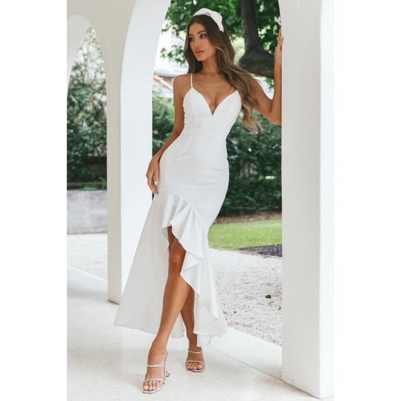 NWT Selfie Leslie White Maxi Mermaid Dress Plunge Slit Ruffles Cocktail Small - Picture 1 of 13